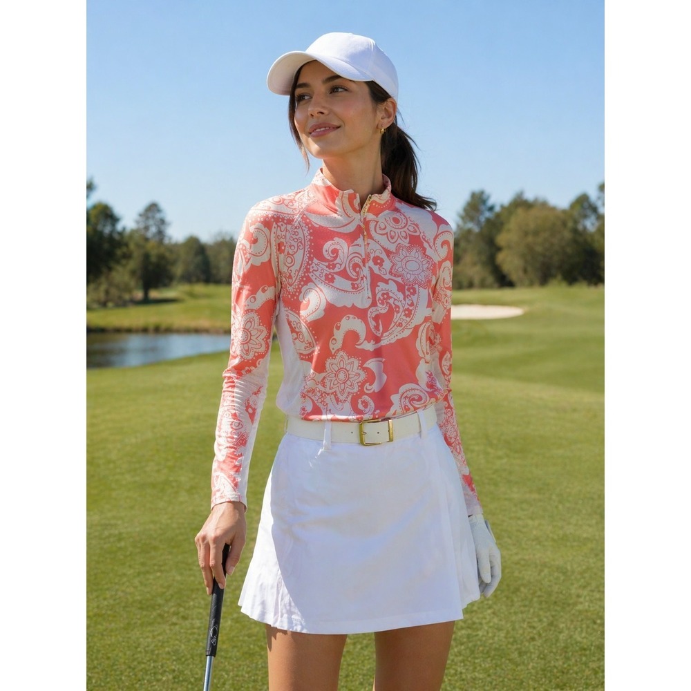 SanSoleil SolTek Long Sleeve Mock Quarterzip Golf Top Coral Paisley XL